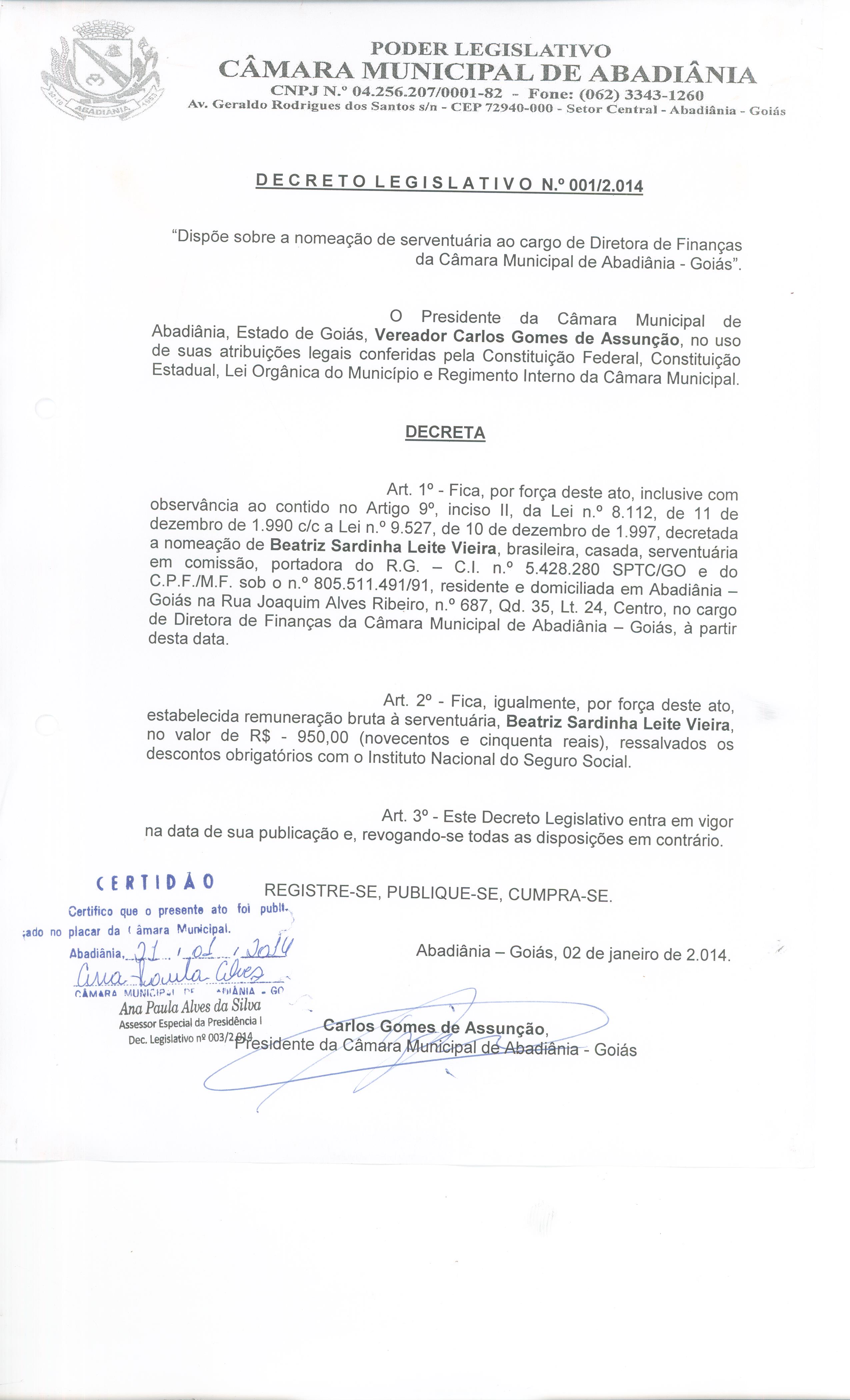 Decreto Legislativo n° 001-2014